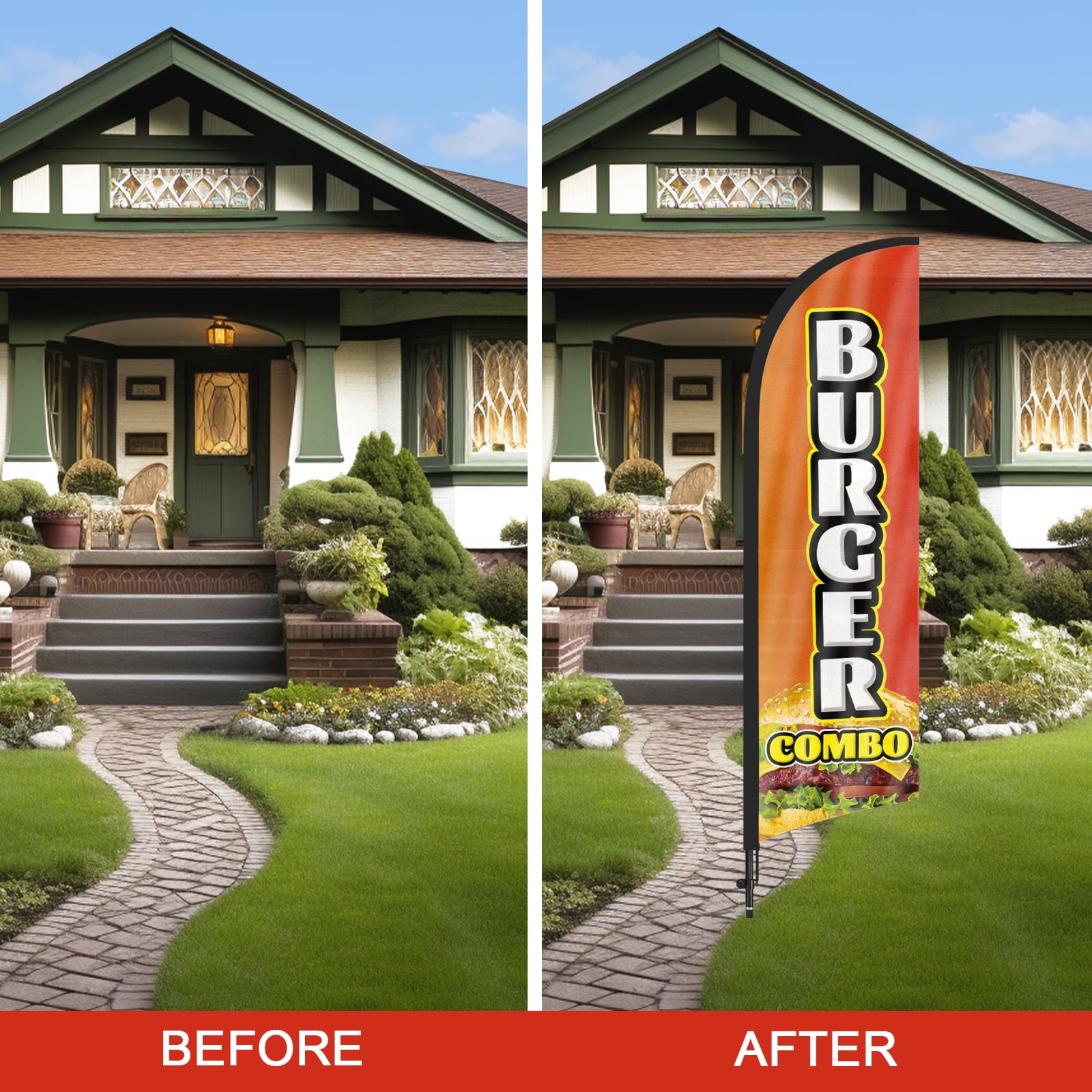 QSUM Burger Combo Feather Flag with Flag Pole Kit and Ground Spike, 8.2FT Burger Combo Windless Flag Banner Sign Business for Outdoor Advertising Sign Decoration Display