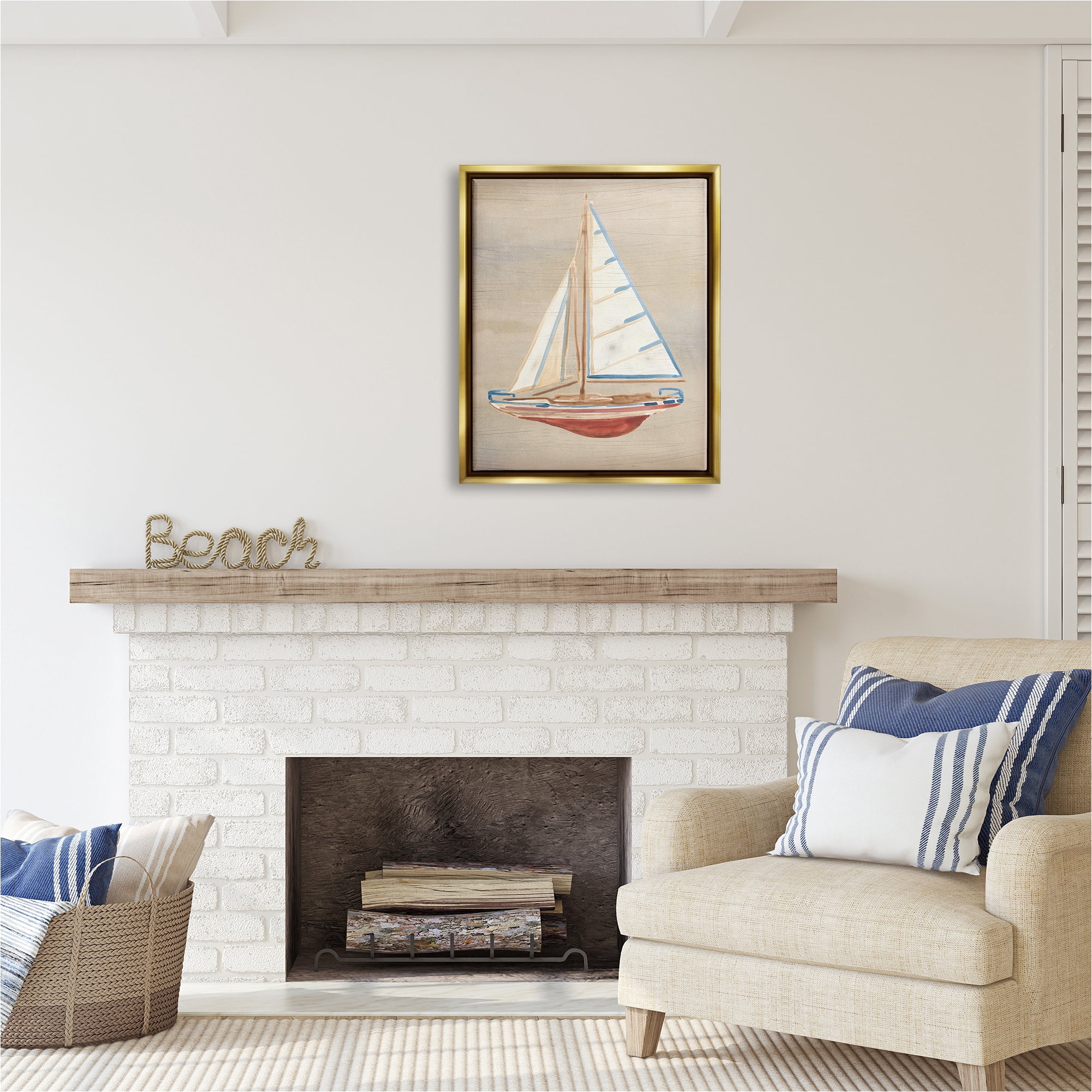 Stupell Industries Rustic Red Boat Transportation Painting Gold Floater Framed Canvas Art Print Wall Art, 25 x 31
