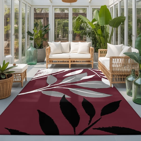 Tropical Leaf Washable Living Room Rugs 5'x8', Abstract Grey White Leaves Silhouette Burgundy Washable Throw Large Area Rug Non-Slip Sturdy Edge Binding Carpet for Living Area Kitchen Office
