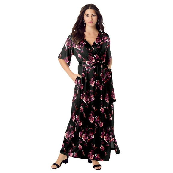 Roaman's Women's Plus Size Flutter Sleeve Wrap Maxi Dress