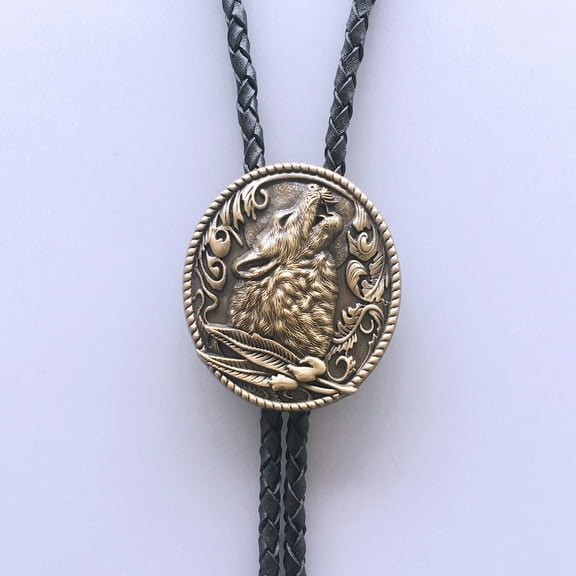 Vintage Bronze Plated Western Wolf Bolo Tie Wedding Leather Necklace