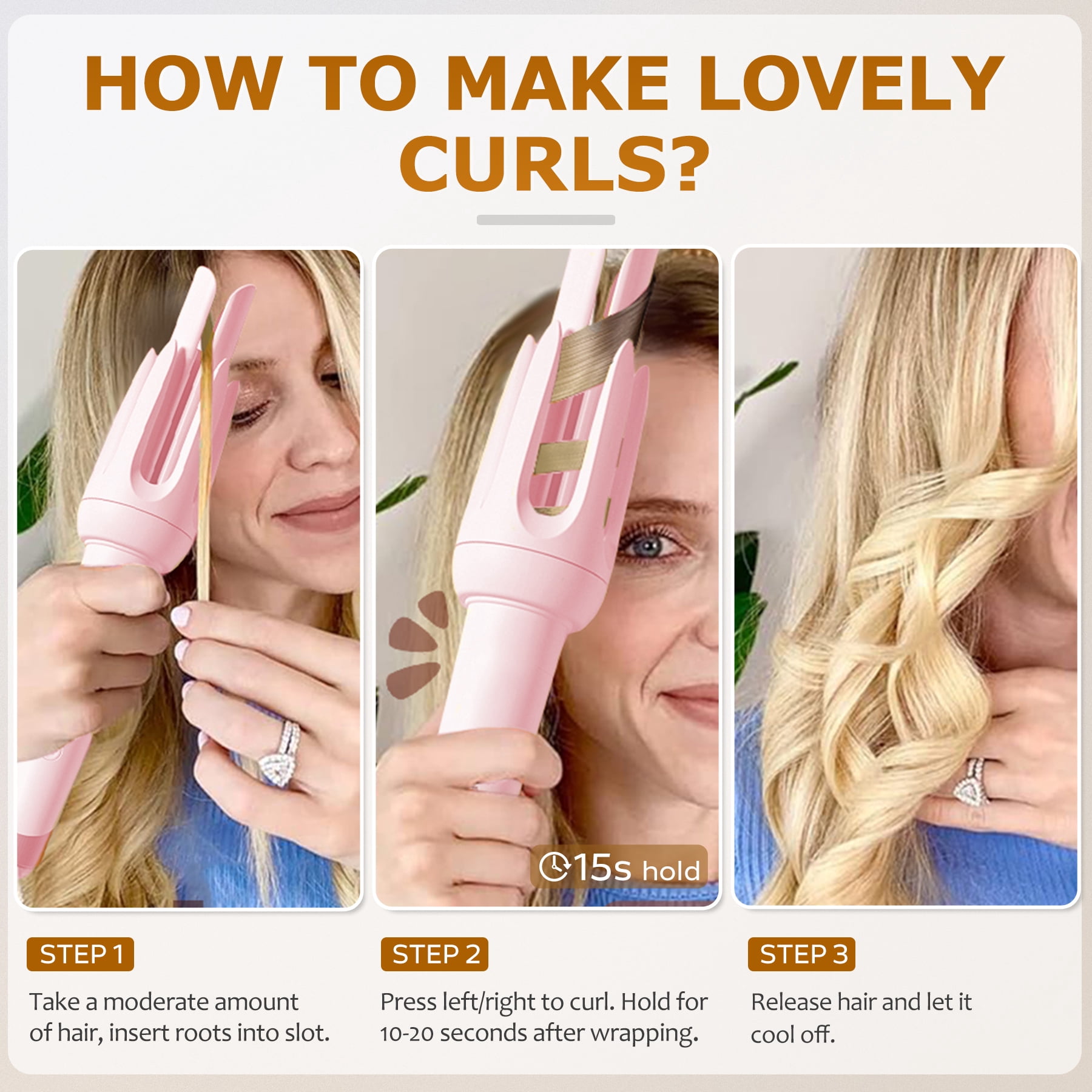 BILITOK Auto Hair Curler, Automatic Curling Iron with 4 Temperature & 3 Timer, Automatic Shut-Off, Anti-Scald, Anti-Tangle Rotating Curling Wand for Hair Styling Pink