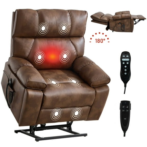 Power Lift Recliner Chair with Massage and Heat for Elderly, 180° Lying Flat Faux Leather Single Sofa Chair with Cup Holders and 25" Wide Seat, Brown