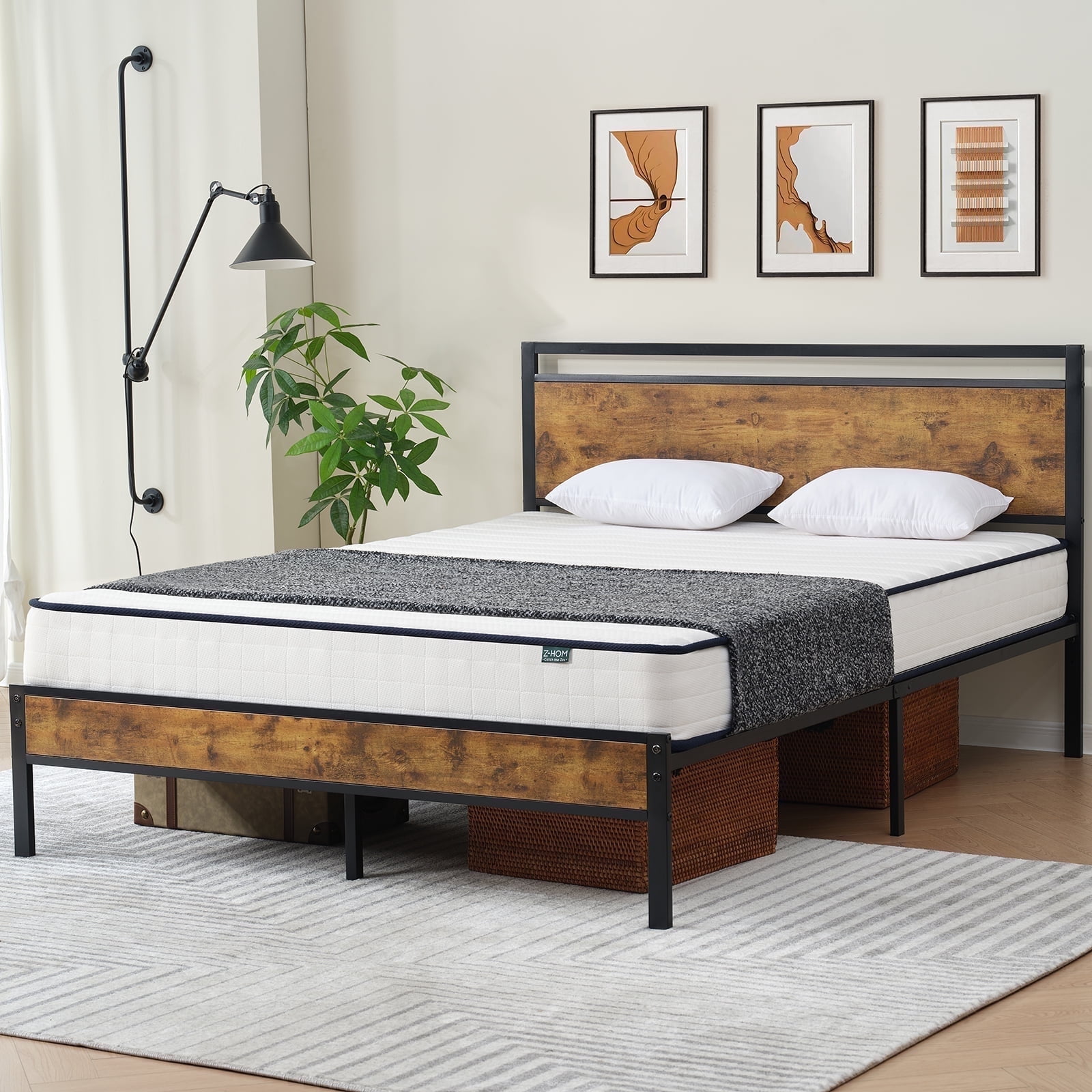 Z-HOM,Metal Platform Bed Frame with Wooden Headboard and Footboard, Twin Size