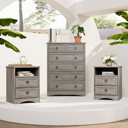 LGHM 3 Piece Bedroom Dresser Set, 6 Drawer Tall Dresser, 2 Drawers Nightstand set of 2, Gray