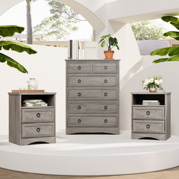 LGHM 3 Piece Bedroom Dresser Set, 6 Drawer Tall Dresser, 2 Drawers Nightstand set of 2, Gray