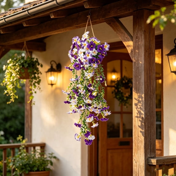 Artificial Purple & Pink Morning Glory Hanging Vine, Faux Trailing Petunia Flower Bouquet, Fake Hanging Plant for Indoor/Outdoor Porch and Patio Decor