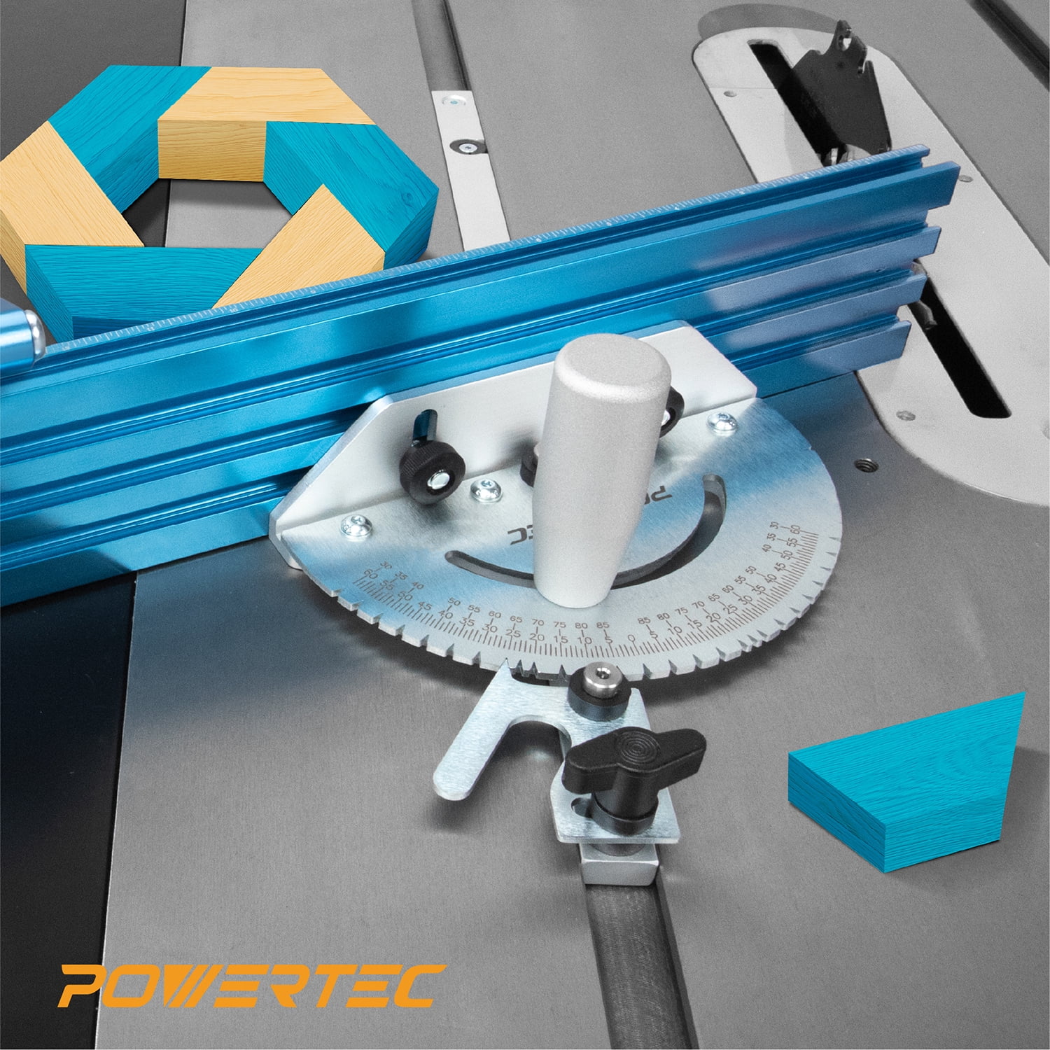 POWERTEC Table Saw Precision Miter Gauge System w/ 27 Angle Stops and 3/4”x 3/8”T-Slotted Miter Bar w/Removable T-Slot Plate; Includes 24”x 3” Multi T–Track Fence w/Scale, T-track Flip Stop, 71391