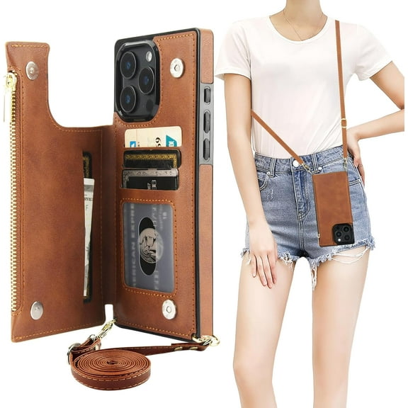 Crossbody Wallet Case for iPhone 16 Pro Max with RFID Blocking Card Slot Holder, Magnetic Flip Folio Purse Case, PU Leather Zipper Handbag with Detachable Lanyard Strap 6.9 Inch 5G (Brown)