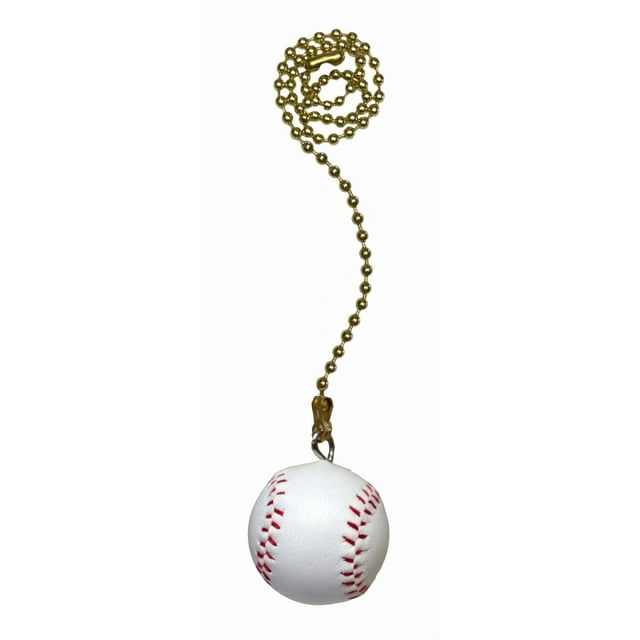 Atron Electro Industries 12 Inch Baseball Brass Fan Pull Chain with a 12-inch brass beaded chain and a white baseball pull featuring red stitching, designed to enhance ceiling fans with a sports-themed accessory.