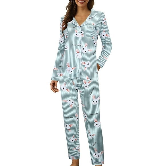 Lixiuxyad Pajamas for Tall Women Women's Casual Lapel Button Print Long Sleeved Pajama Pants Two Piece Set