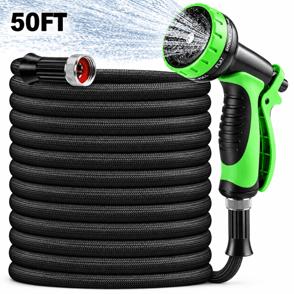 Garden Hose 50ft Non-Expandable Lightweight Flexible Water Hose, Kink-Free Leak-Proof with 10-Function Spray Nozzle for Yard Lawn Car Wash