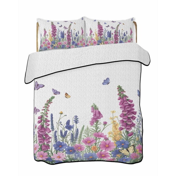 Twin Quilt Bedding Set, Watercolor Wildflowers Reversible Summer Quilt 3 Pieces, Country Botanical Florals Butterfly Lightweight Bedspreads Coverlets with 2 Pillow Shams for All Seasons