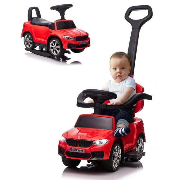 VOLTZ TOYS Licensed BMW M5 4-in-1 Push Car for Toddlers, Foot-to-Floor Ride-On Baby Walker with Removable Push Bar, Manual Glide Sliding Toy with Leather Seat & Rocking Rails, Red
