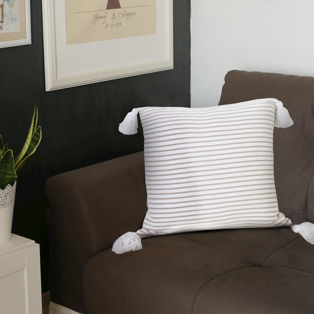 LR Home Ox Bay Hand-Woven Beige/White Stripe All-Natural Cotton Pillow Cover