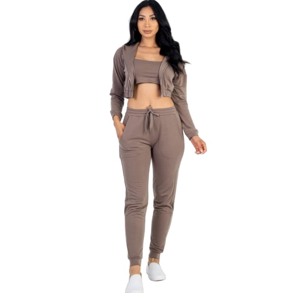 French Terry Cropped Cami with Zip-up Jacket and Joggers Set