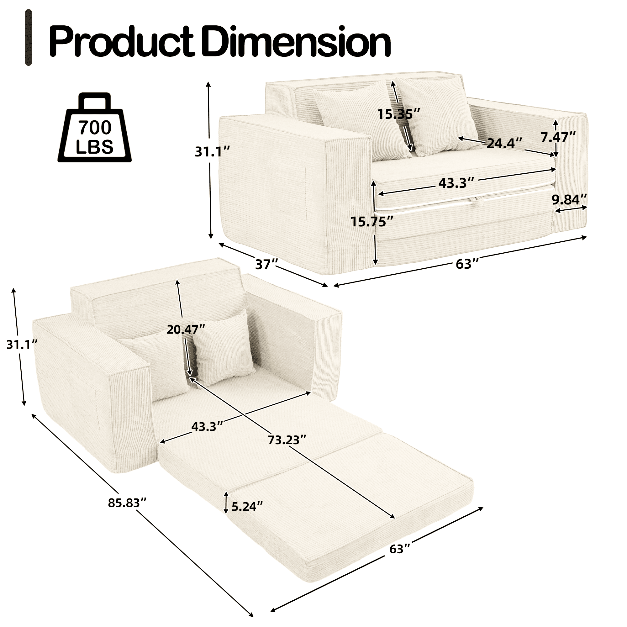 Vicluke Convertible Memory Foam 3-seat Sofa & Loveseat, Pull Out Sleeper Sofa Bed, 2 in 1 Folding Couch Bed, Fold Out Floor Couch Corduroy Fabric with Pillows for Living Room Bedroom Lounge(Beige)