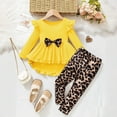 thumbnail image 2 of CUZIBR Girls Fall Outfit Ruffled Sleeve Knitted Solid Color Round Neck Patchwork Dress And Casual Leopard Leggings Stylish Fashion Outwear Kids Clothing Set,Yellow,5-6 Years, 2 of 4
