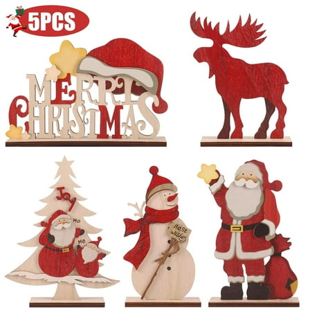 Christmas Tabletop Wooden Decorations with Snowman,Reindeer,Tree, Santa & Holiday Signs for Home Decor 5 Pcs