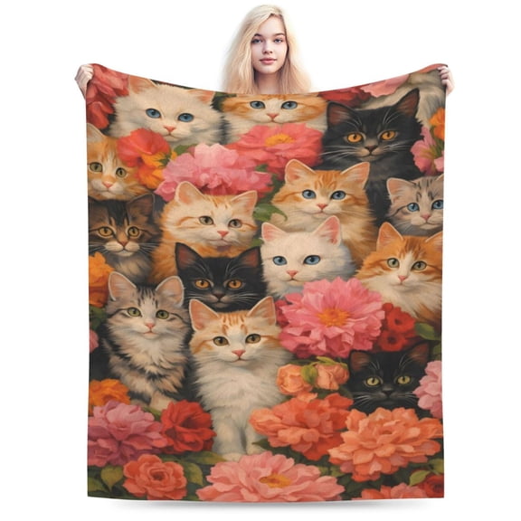 Cute Cat Blanket Gifts for Floral Lovers Girls Women Kitten Flower Flannel Throw Blankets for Home Couch Bed Sofa Soft Christmas Lightweight Decor 50x40