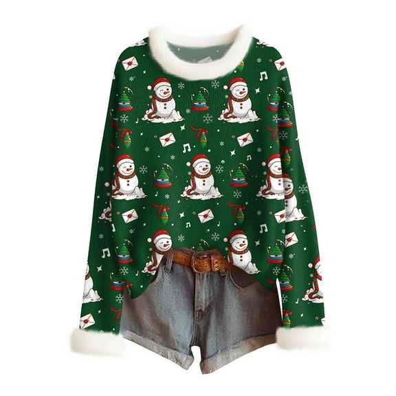 Women's Fashionable Christmas Printed Wool Collar Sweater, Casual Long Sleeved Knitted Pullover Top, Lightweight Super Soft Knitwear for Daily Wear Xxl Green