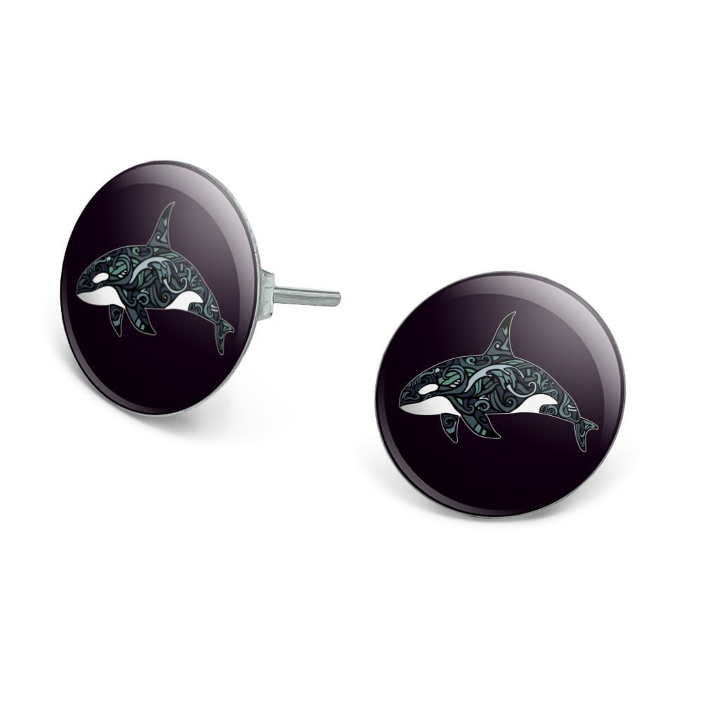 Killer Whale Orca with Waves Novelty Silver Plated Stud Earrings
