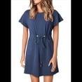 thumbnail image 1 of Robes Femmes Printemps Été 2025 Décontractées Col Rond à Volants Manches Courtes Fluides Ligne A Mini Robe avec Poches Bleu Merle L, 1 of 8