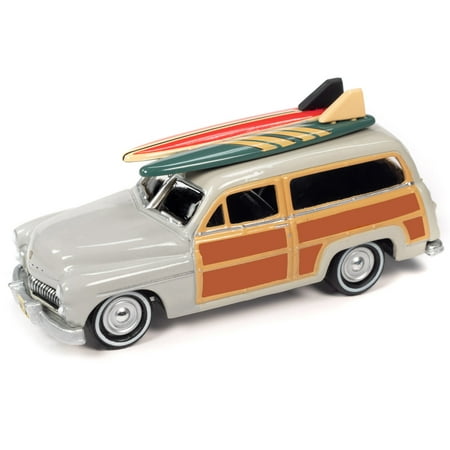 1950 Mercury Woody Wagon Dakota Gray with Wood Panels & Surfboards on Roof & 1959 Cadillac Ambulance Dull Red w/ Surfboards on Roof Cocoa Beach Rescue Patrol Surf Rods "Set of 2" Cars 2-Packs 2023