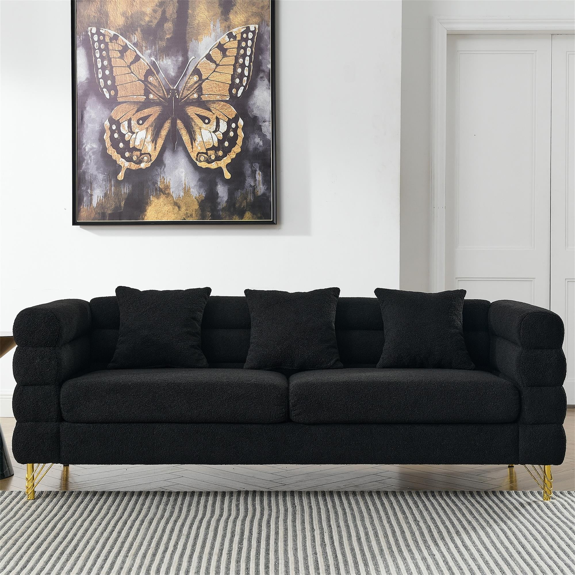 Kadyn 81" Loveseat 3 Seater Sectional Sofa, Fabric Sofa with 3 Pillows, Upholstered Sofa Couch for Living Room, Black