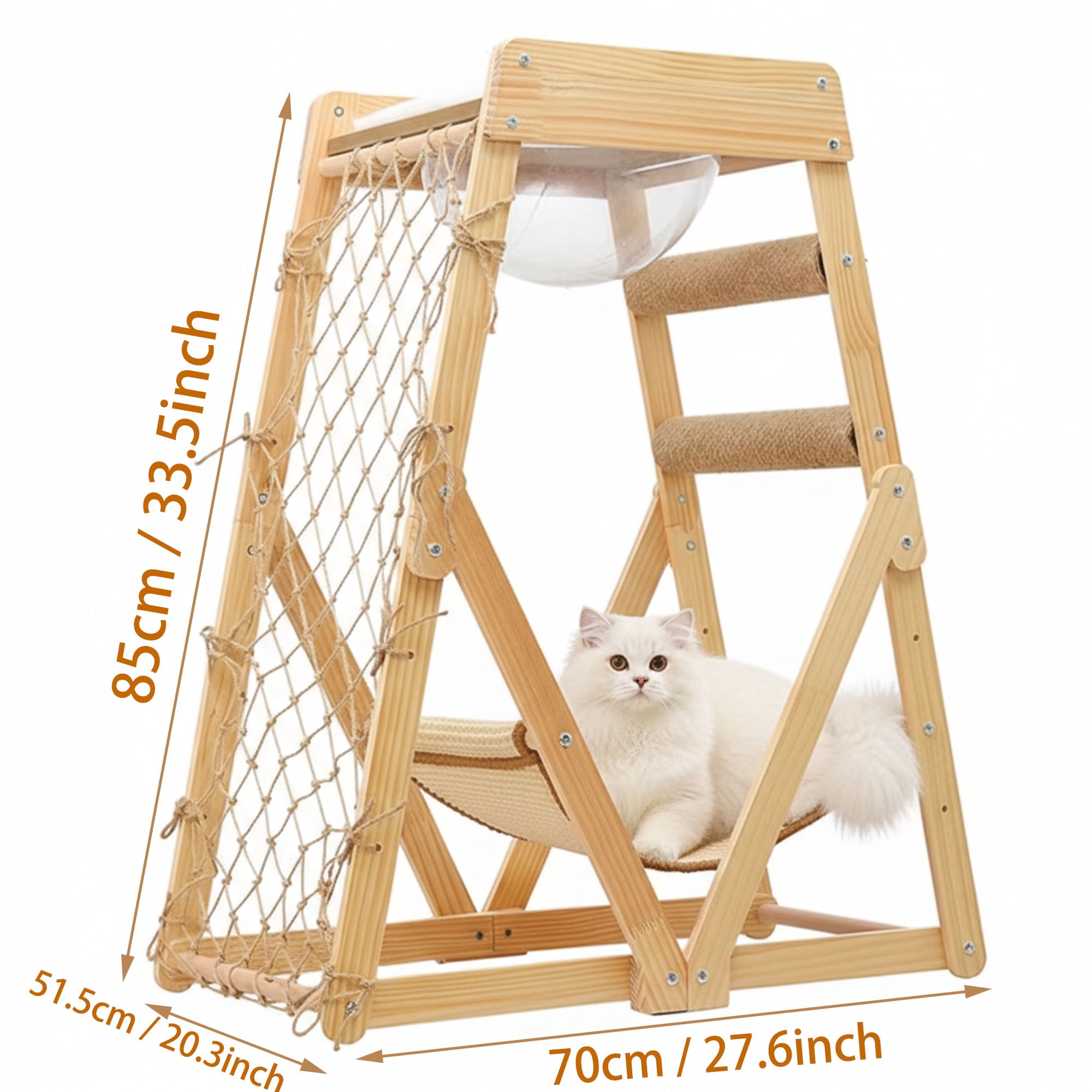 AIWFL Cat Hammock with Acrylic Cat Nest, Cat Tower for Indoor Cats with Straching Post Climbing Web and Danging Sisal Ball, Cute Solid Wood Cat Tree
