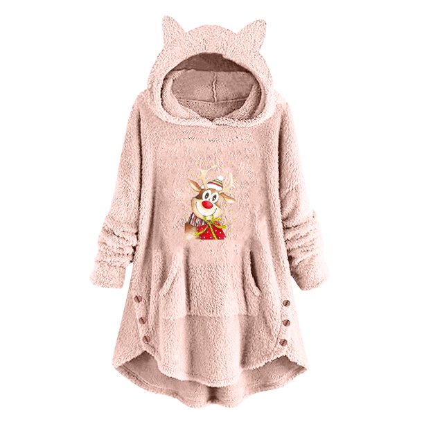 Abrigos de Invierno Para Mujer Abrigo de Piel Sintética Casual Estampado Navideño Botones de Felpa Manga Larga Abrigo de Felpa Con Capucha Top Odeerbi ODB174684