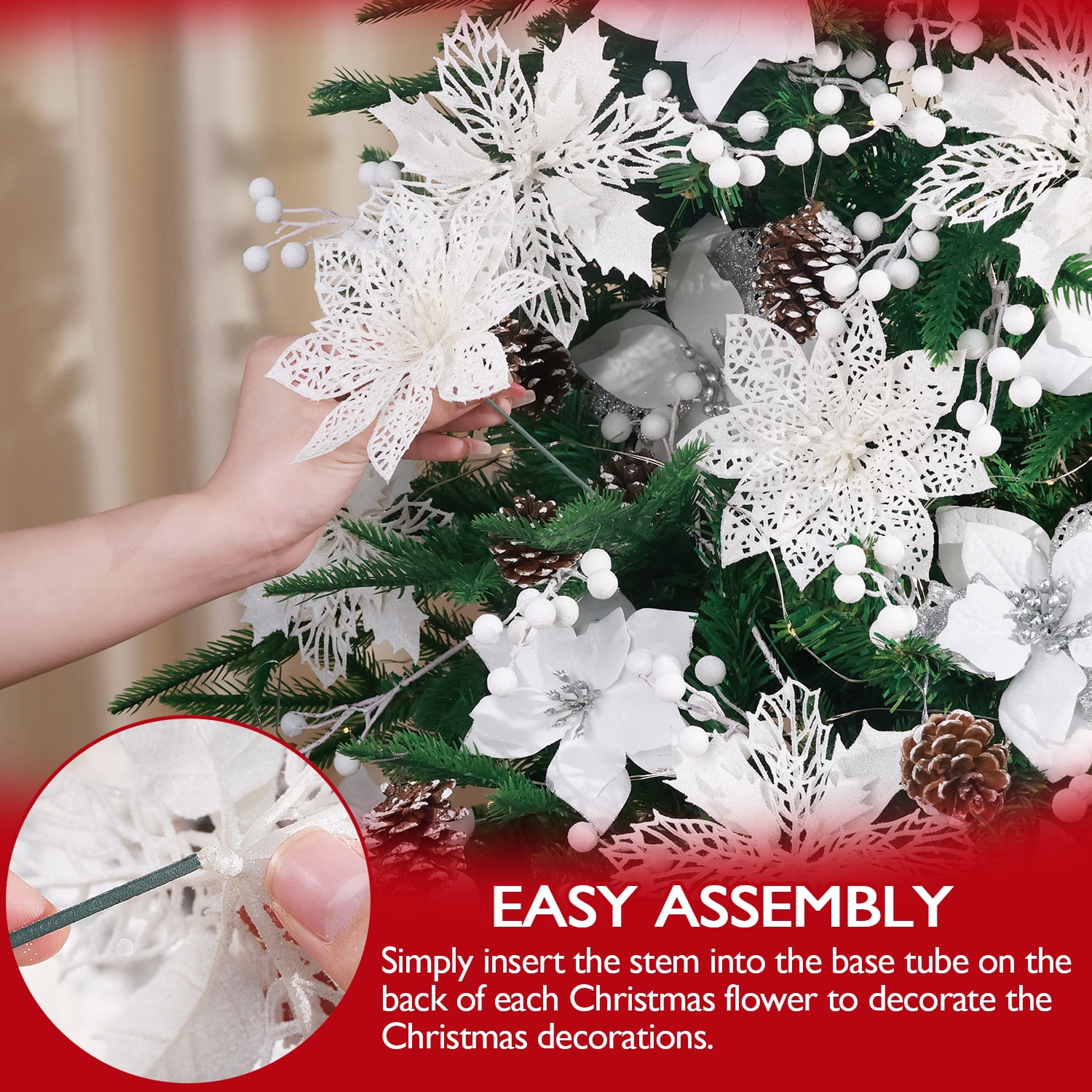 Ayieyill 56Pcs Poinsettia Christmas Flowers Decorations Christmas flower ornaments White Christmas Flowers Christmas Pine Cones Christmas Tree Ornaments Christmas Tree Decorations