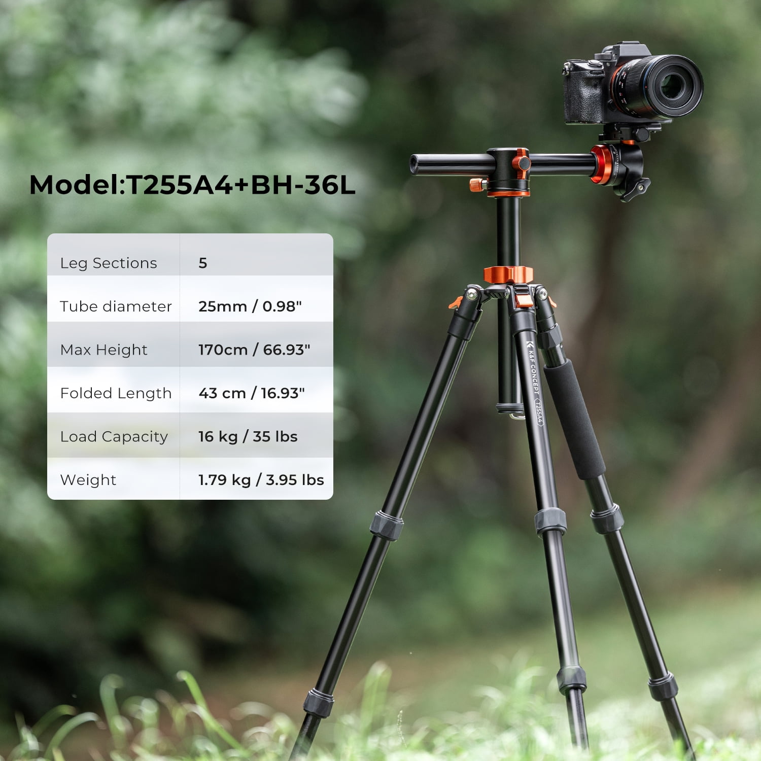 K&F Concept 67"/1.7m Aluminum Video Camera Tripod, Transverse Center Column 35lbs/16KG Load Capacity Portable Monopod with 36mm Ball Head Quick Release Plate