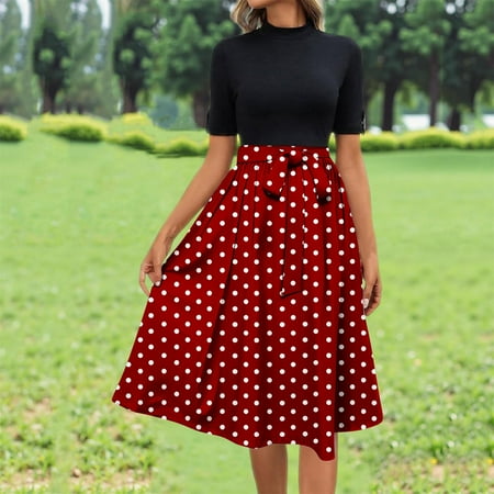 FDGIU Vintage A-Line Skirt - Women s High Waist Pleated Midi Skirt with Pockets (Polka Dot Rockabilly Style)