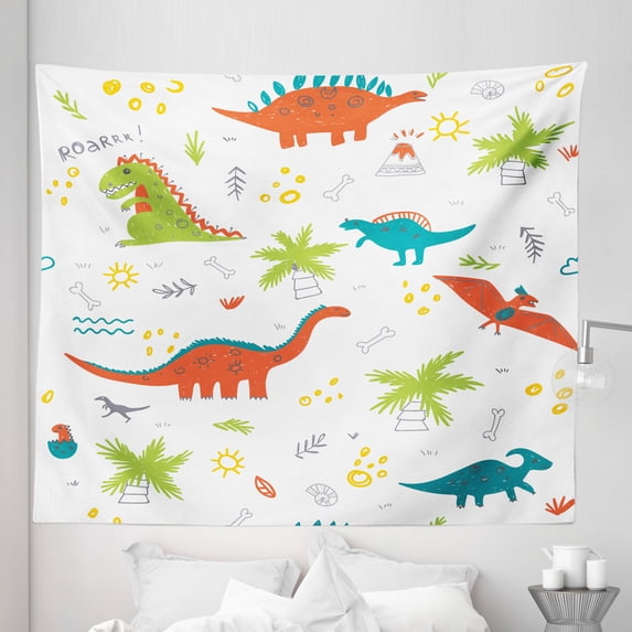 Cartoon Tapestry, Prehistoric Nature Doodle with Dinosaurs Volcano Palm Trees Hand Drawn Wildlife, Fabric Wall Hanging Decor for Bedroom Living Room Dorm, 5 Sizes, Multicolor, by Ambesonne