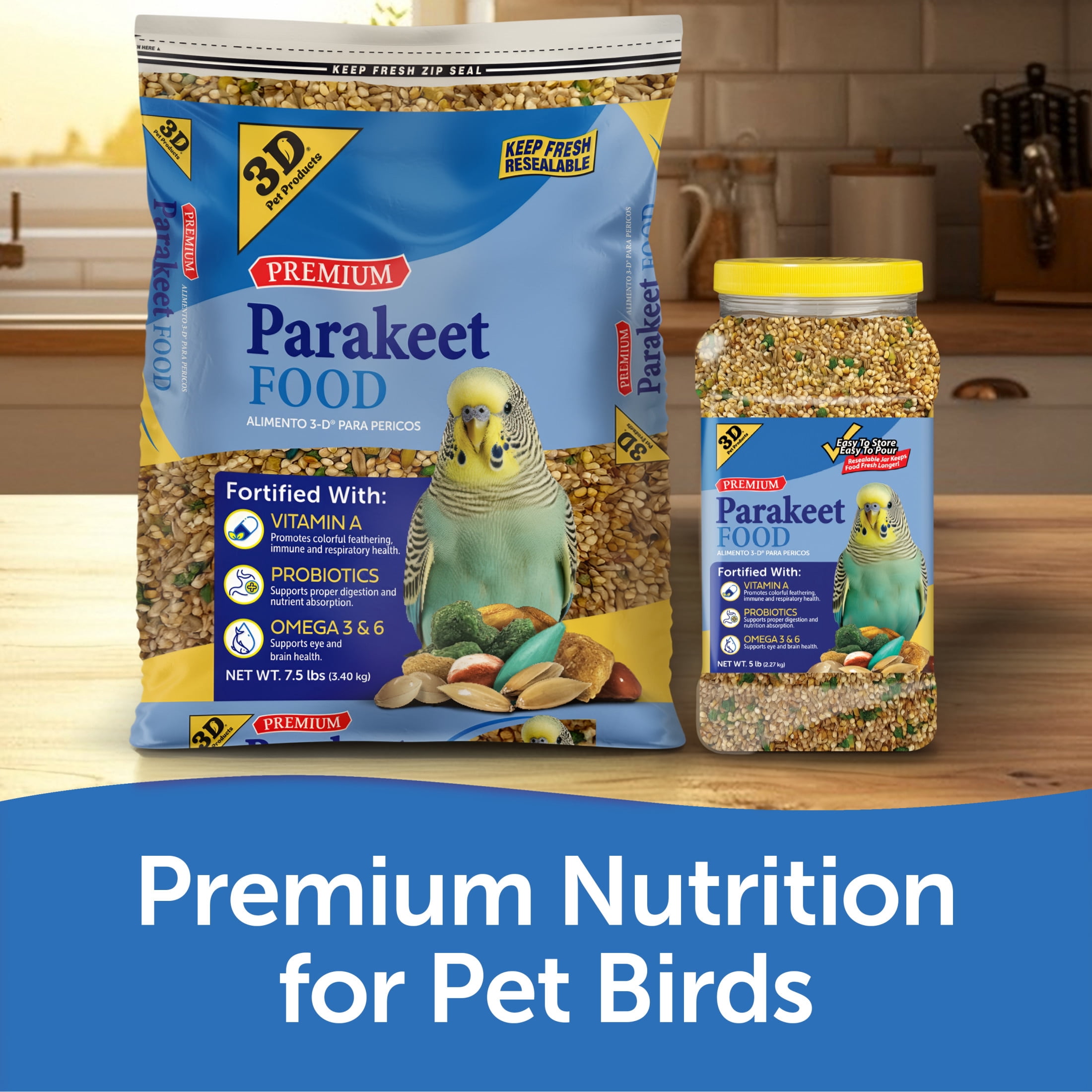 3-D Pet Products Premium Parakeet Bird Food, with Probiotics, 5 lb. Jar, for Daily Feeding
