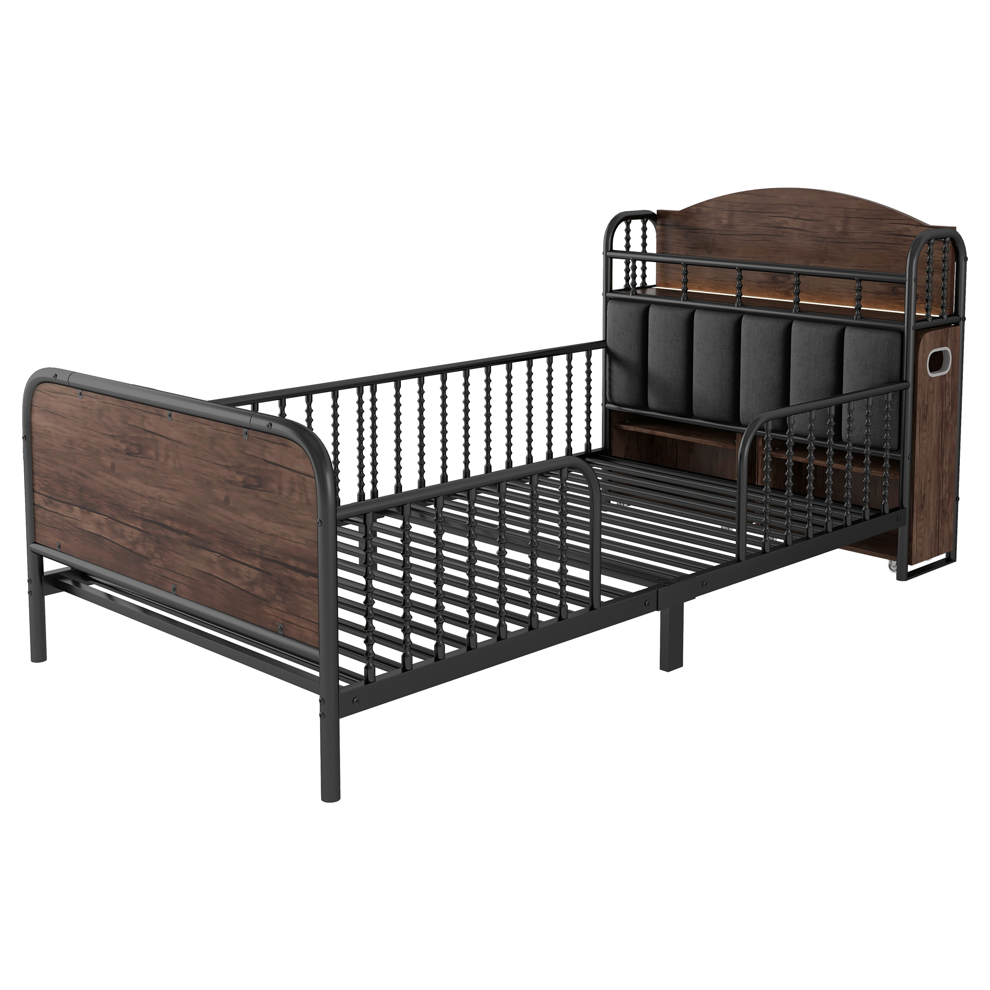 Euroco Metal Twin Size Platform Bed with Upholstered Headboard, Pull out Storage Shelves and LED Light, Black