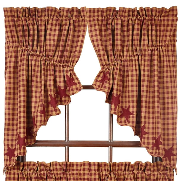 Star and Check Scalloped Prairie Curtains Navy Black Burgundy 36" or 63