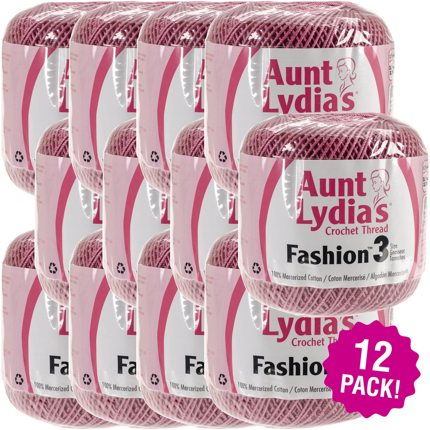 Aunt Lydia's Fashion Crochet Thread Size 3 Warm Rose, Multipack of 12
