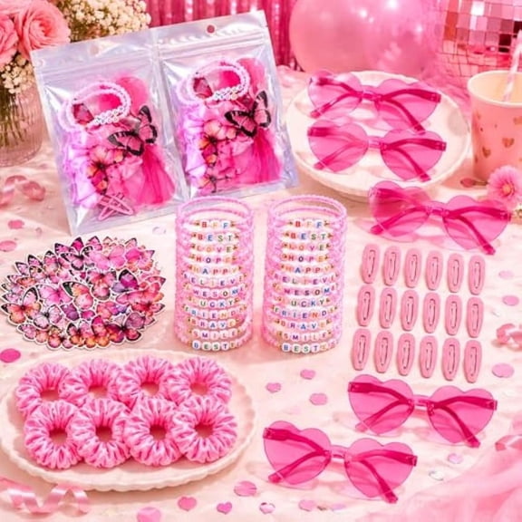 134 Pcs Pink Friendship Party Favors Set, Bracelets, Butterfly Stickers, Hair Clips, Heart Sunglasses and Favor Bags for Birthday Celebrations