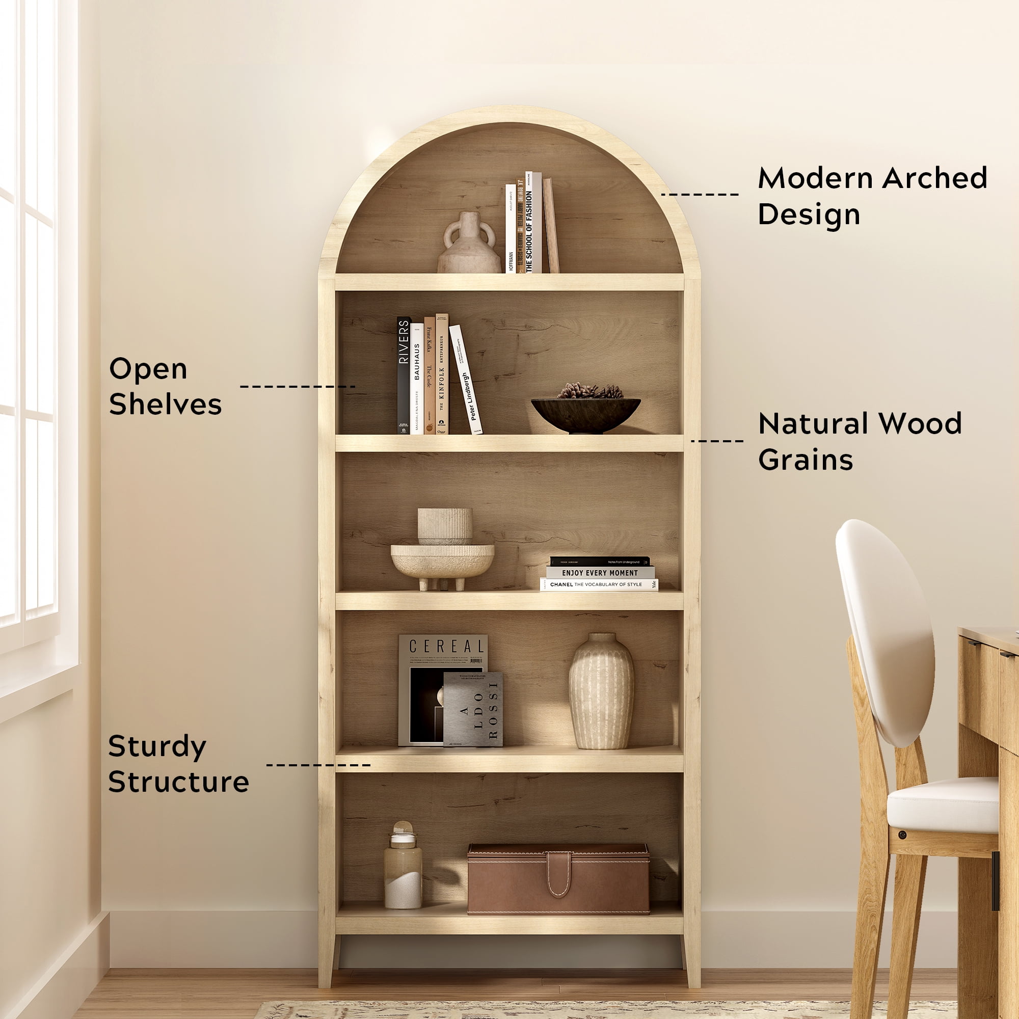 EYYTHUNG 5 Tier Arched Bookshelf Set of 2, 71" Tall Bookcase with Adjustable Shelves Wooden Storage & Display Cabinet, Freestanding Kitchen Pantry Organizer