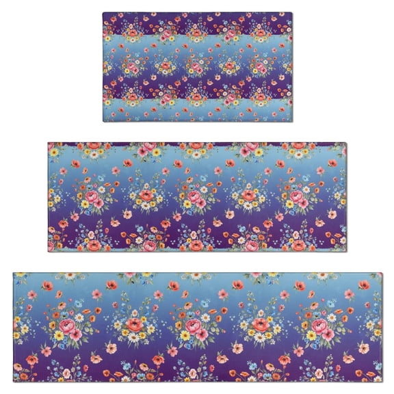 Pioneer Flower Floral Print Pattern Kitchen Rugs Sets Of 3,Kitchen Runner Rugs Non Skid Washable,Decorative Kitchen Floor Mats for Kitchen,Sink,Laundry,17X30 Inch 17X47 Inch 17X59 Inch