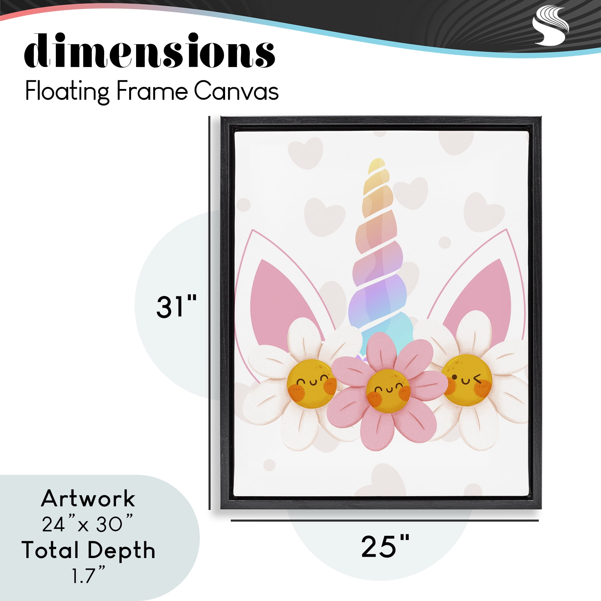 Daisy Unicorn with Hearts Black Framed Floater Canvas Wall Art, design by Jesse Keith