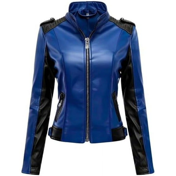HIDE CRAFTS Women's Black Biker Genuine Sheepskin Leather Moto Jacket with Stand Collar, Rider Slim Fit (US, Alpha, X-Large, Regular, Regular, Blue and Black)