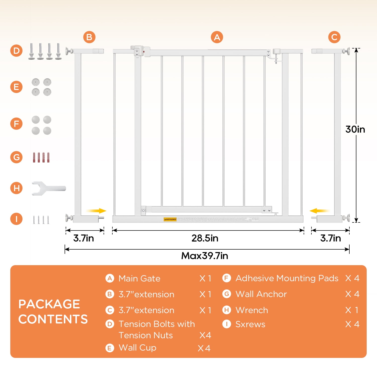 NiamVelo 30"Tall Dog Gate for Stairs and Doorways Walk-Through Pet Gate Indoor Safety Gate for Pets Adjustable Width 28.5"–39.7" Pressure or Hardware Mounted Auto Close Walk-Thru Door （White）