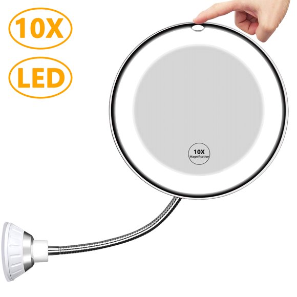 Makeup Mirror, 10X Magnifying Vanity Mirror With Lights, 360 Degree Rotation With Adjustable Gooseneck, Bathroom Flexible Mirror With Suction Cup, Portable Cordless for Wall Mounted