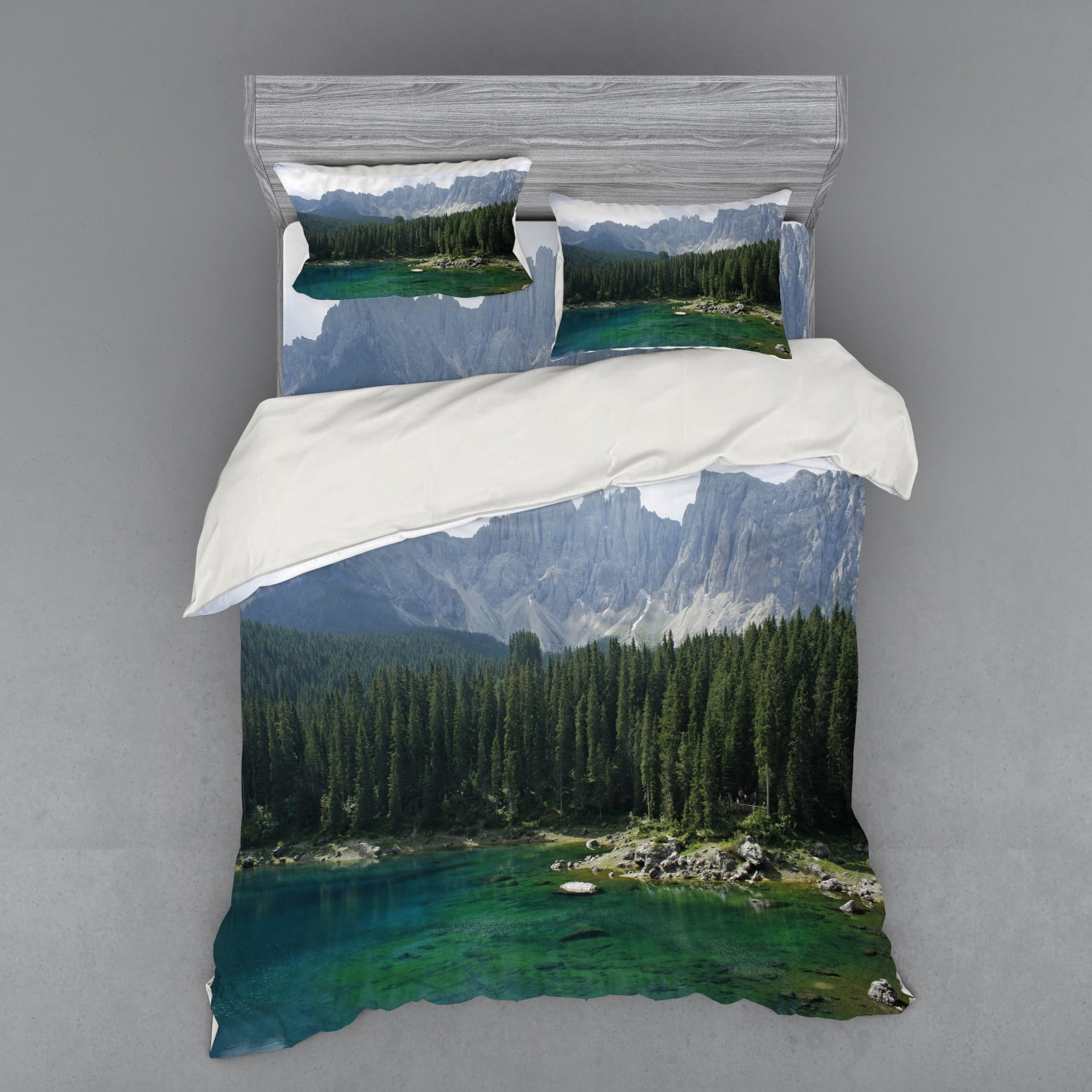 Nature Duvet Cover Set, Aerial View of Pine Forest by Lake Beneath
