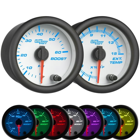 GlowShift | White 7 Color Series 60 PSI Boost Gauge and 1500 Fahrenheit Pyrometer Exhaust Gas Temperature Gauge Dual Set