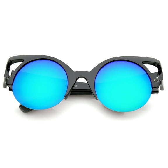 sunglassLA Unisex Women's Round Mirrored Lens Half Frame Cutout Cat Eye Sunglasses (Black / Green Mirror) - 50mm