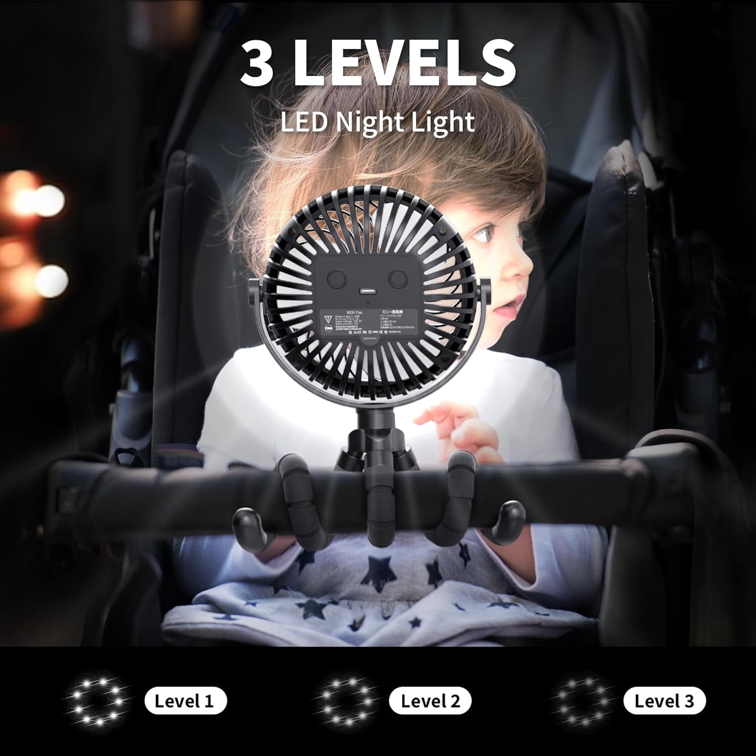 Battery Operated Stroller Fan with 3 Speeds, Rotatable and Portable for Car , Crib, Bike and Treadmill - Black